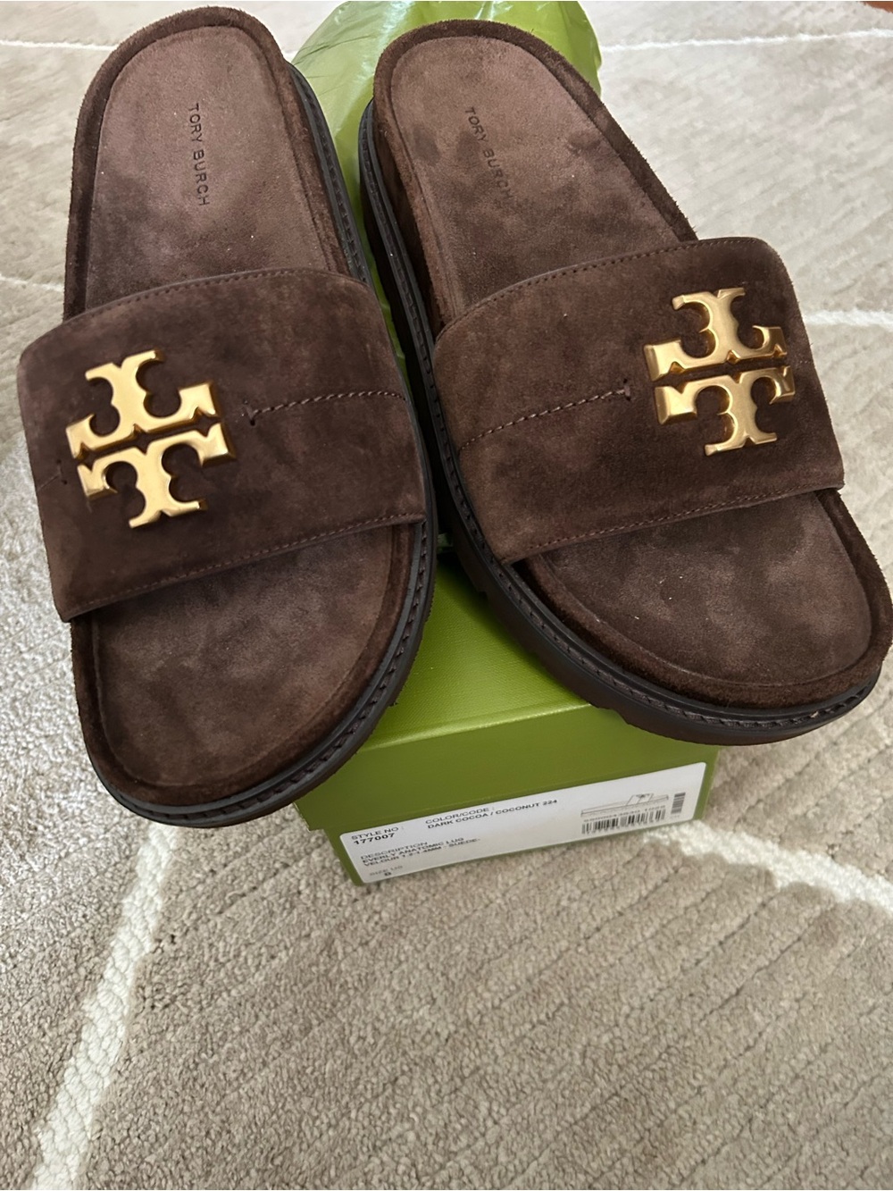Tory Burch Brown Suede Slide Sandals with Gold Logo Accent - Picture 2 of 5